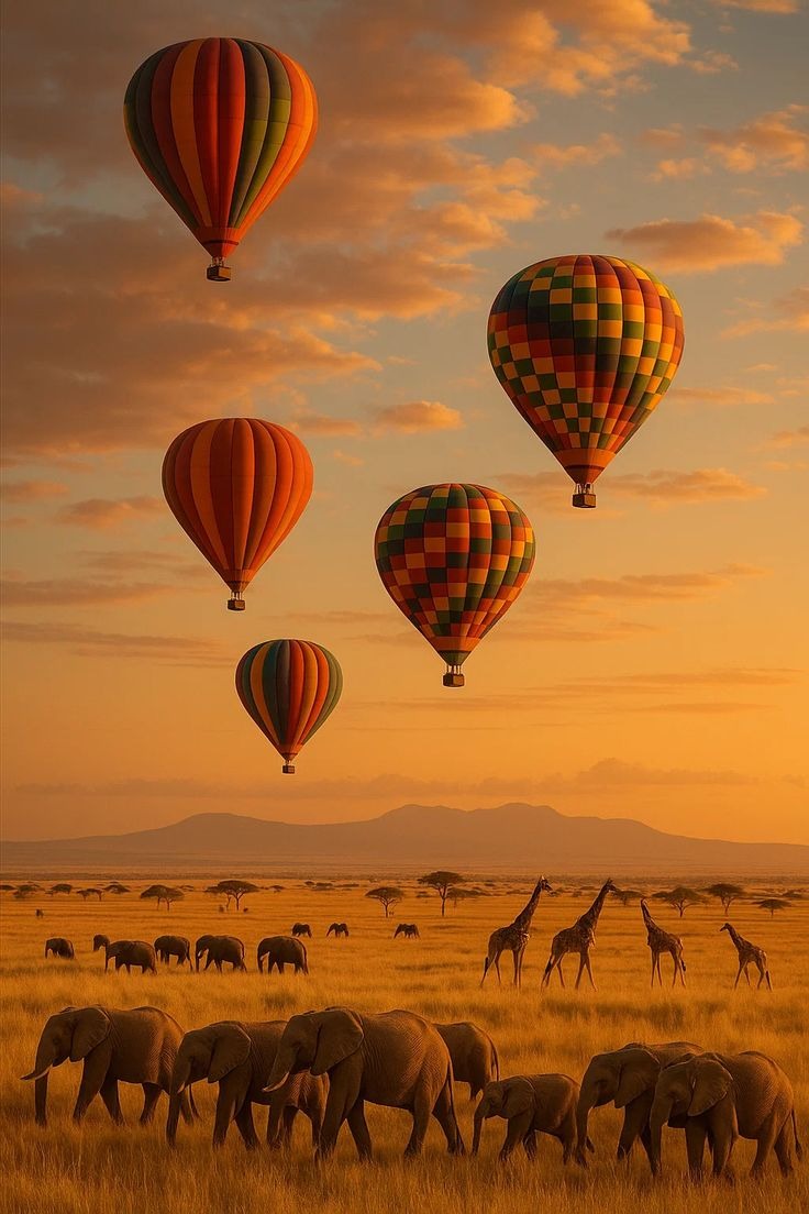 Hot air balloons over African landscape